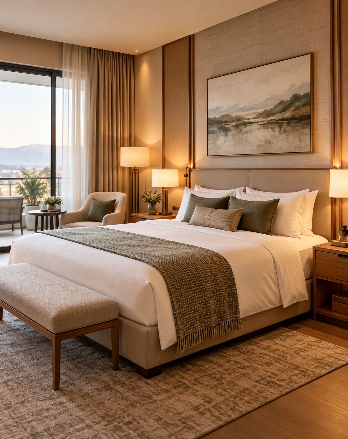 A calm, warmly lit Hotel Ramraj guest room